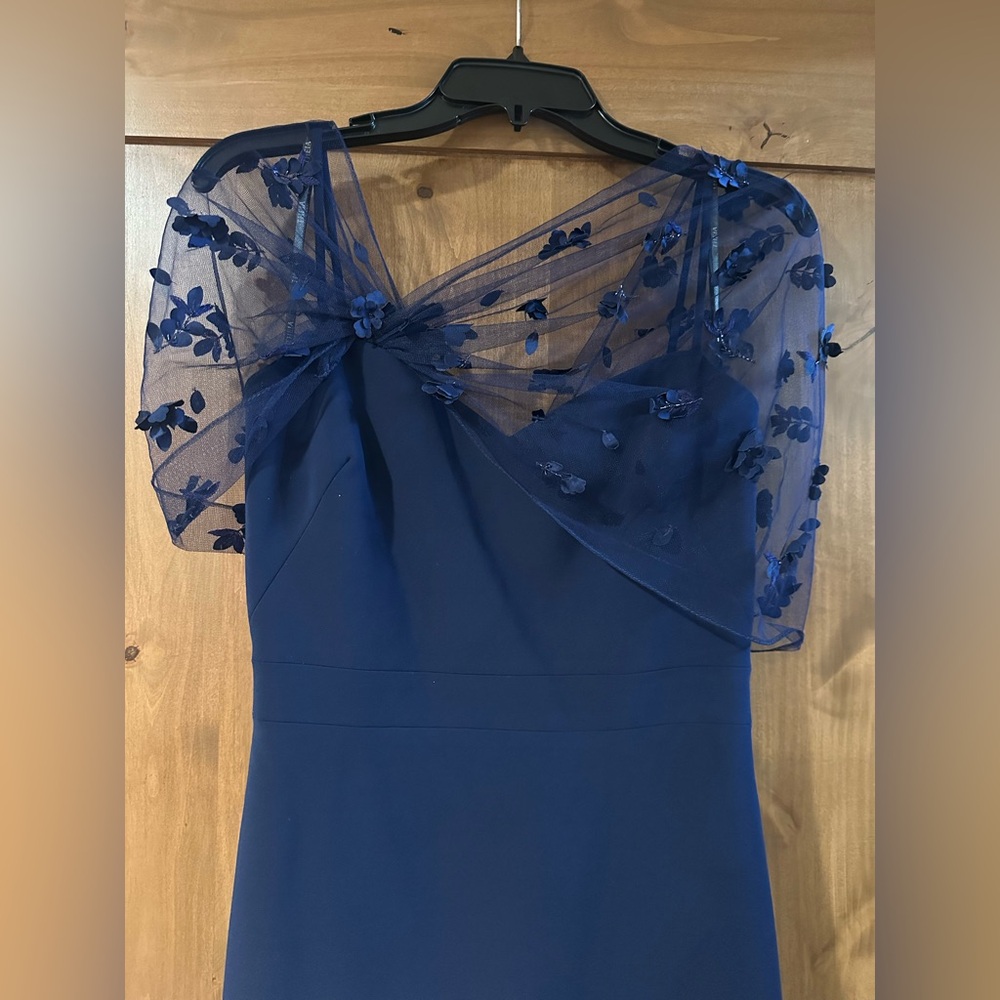 Theia Gia Navy Midi Dress with Embellished Mesh Capelet - Picture 3 of 6